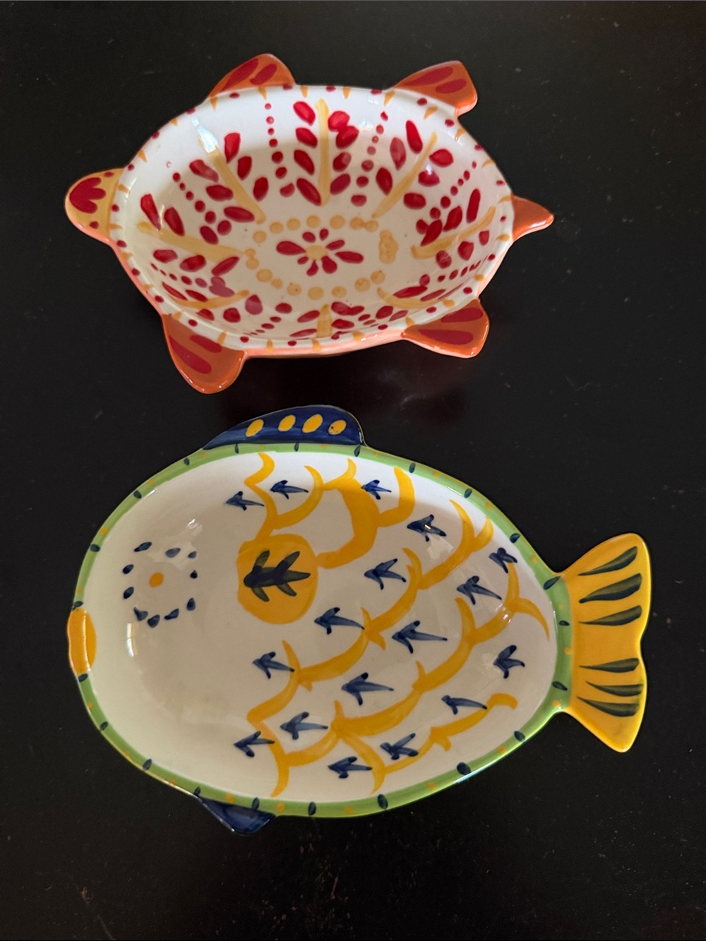 Anthropologie Hand Painted Fish & Turtle Ceramic Serving Bowls Set of 2